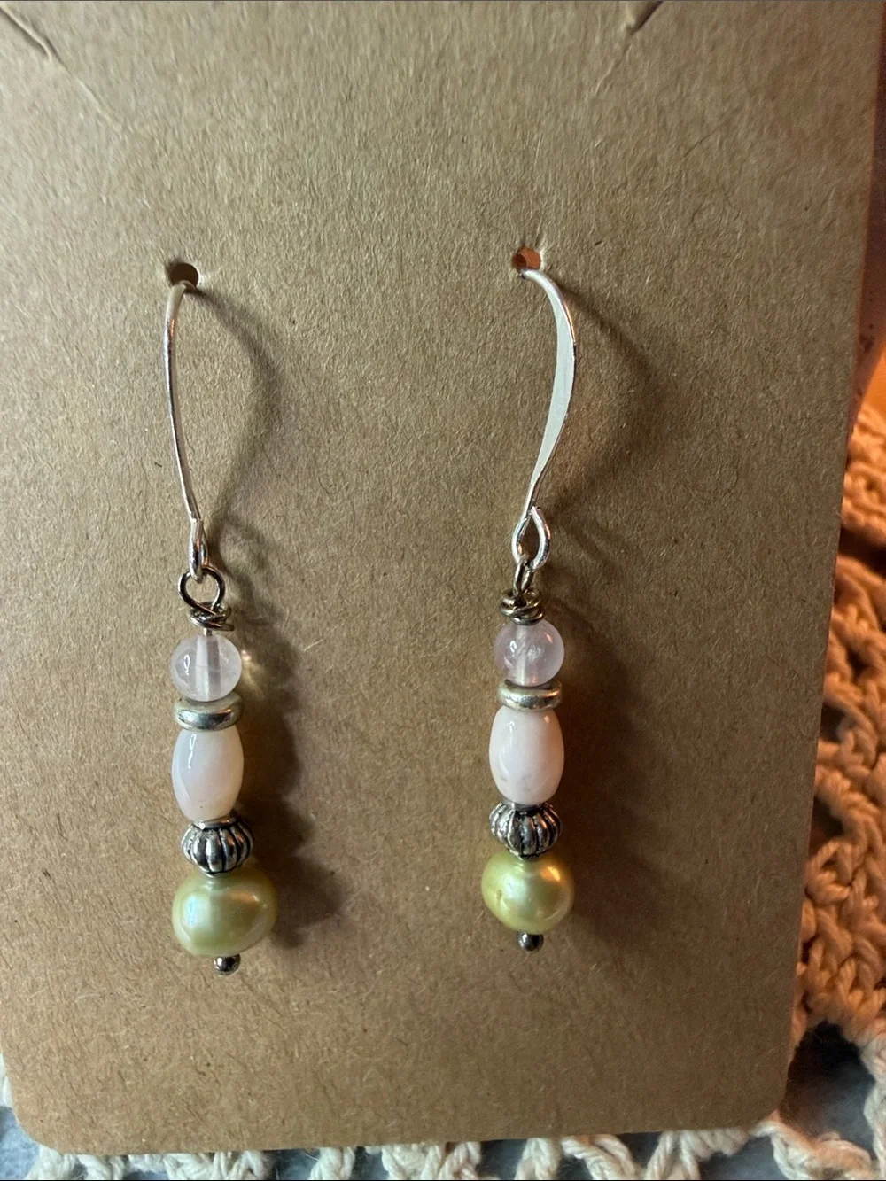Handcrafted Green Pearl, rose quartz and pink opal Beaded Drop Earrings
